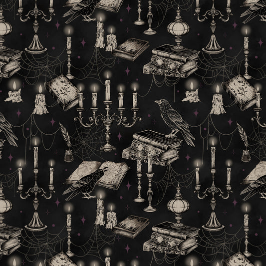 Darkly Enchanted Candelabras Black Episodic Drawing Blank Quilting Cotton Fabric BQ-4799-99