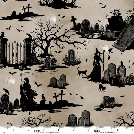 Darkly Enchanted Cemetery Silhouette Taupe Episodic Drawing Blank Quilting Cotton Fabric BQ-4796-41