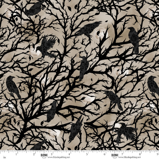 Darkly Enchanted Crows Tree Silhouette Taupe Episodic Drawing Blank Quilting Cotton Fabric BQ-4797-41