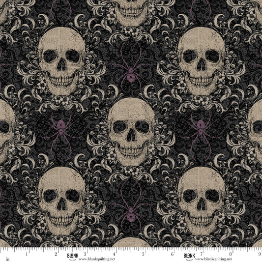 Darkly Enchanted Damask Skulls Charcoal Episodic Drawing Blank Quilting Cotton Fabric BQ-4794-98