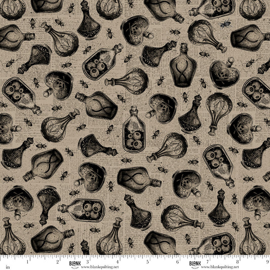 Darkly Enchanted Potion Bottles Taupe Episodic Drawing Blank Quilting Cotton Fabric BQ-4798-41