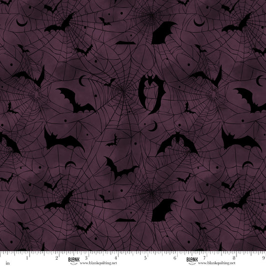 Darkly Enchanted Spiderweb with Bats Plum Episodic Drawing Blank Quilting Cotton Fabric BQ-4800-55