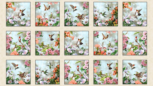 Dating Games Hummingbirds Block Panel 24" Cream Bradley Jackson & Mark Kelso Elizabeth's Studio Cotton Fabric ES-40006-CREAM