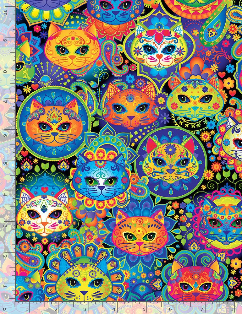 Day of the Dead Bright Cat Sugar Skulls Multi Timeless Treasures Cotton Fabric