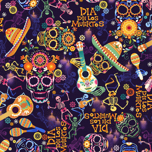 Day of the Dead Skulls & Guitars Purple Oasis Cotton Fabric OA-59-8631