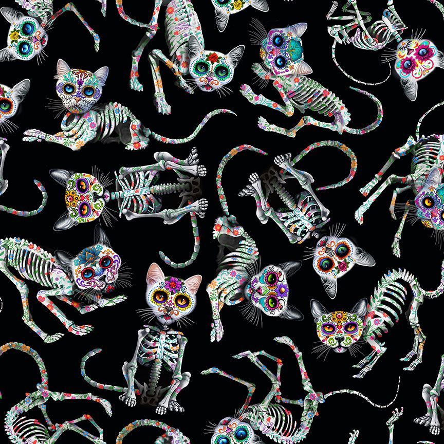 Day of the Dead Tossed Skeletons Cats Black Timeless Treasures Cotton Fabric  TT-CAT-CD3602-BLACK