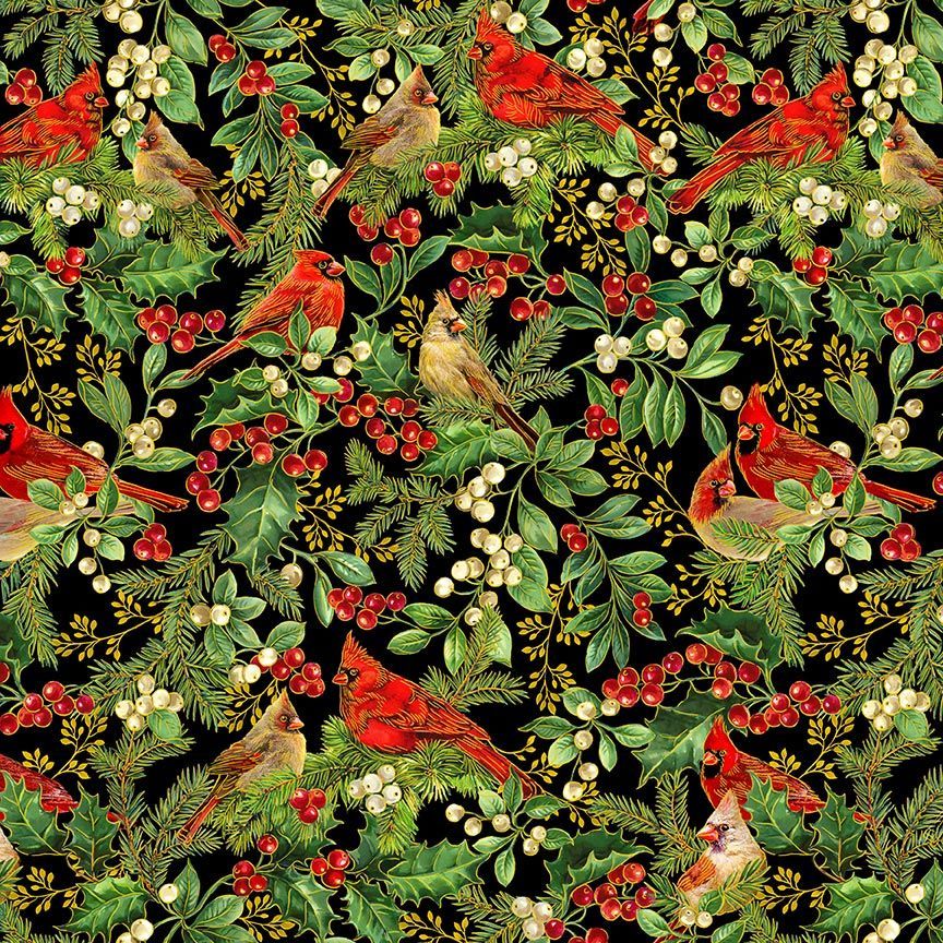 Deck the Halls Cardinal Branches Black Timeless Treasures Cotton Fabric