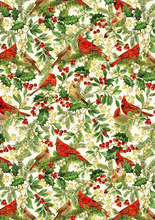 Deck the Halls Cardinal Branches Cream Timeless Treasures Cotton Fabric