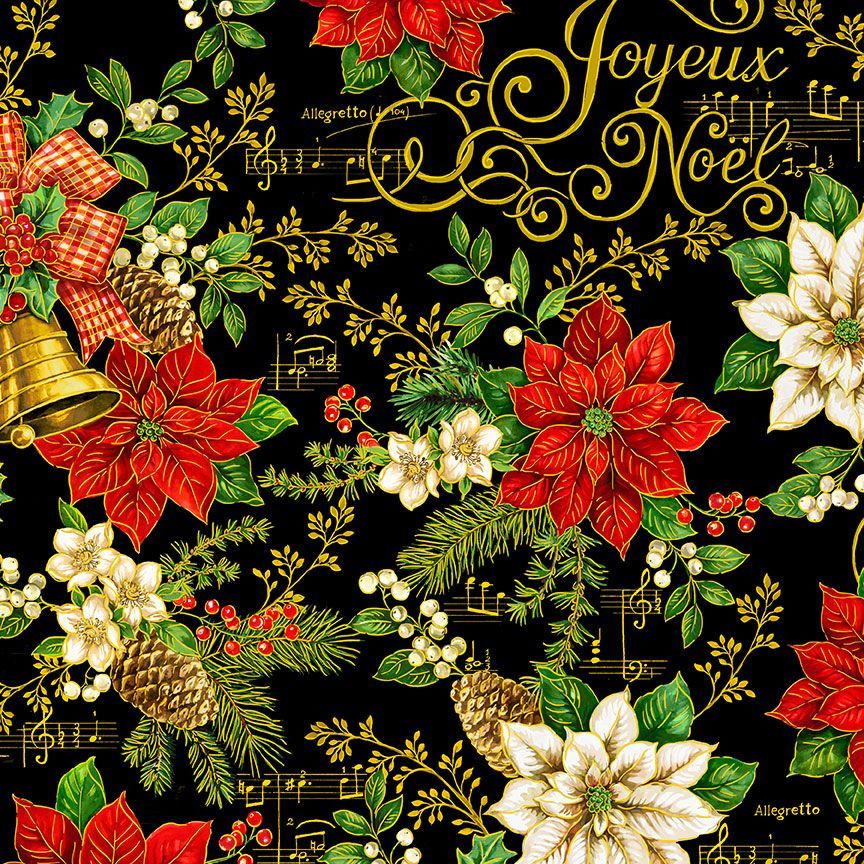 Deck the Halls Christmas Bell Poinsettia and Text Black Timeless Treasures Cotton Fabric