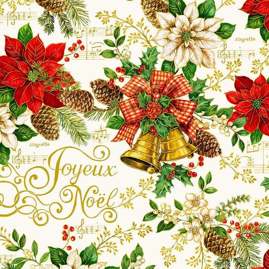 Deck the Halls Christmas Bell Poinsettia and Text Cream Timeless Treasures Cotton Fabric