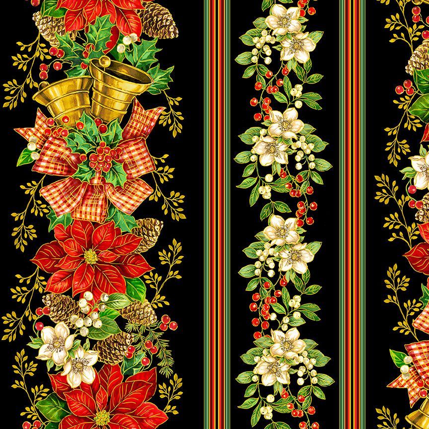 Deck the Halls Christmas Poinsettia 11 Stripe Black Timeless Treasures Cotton Fabric