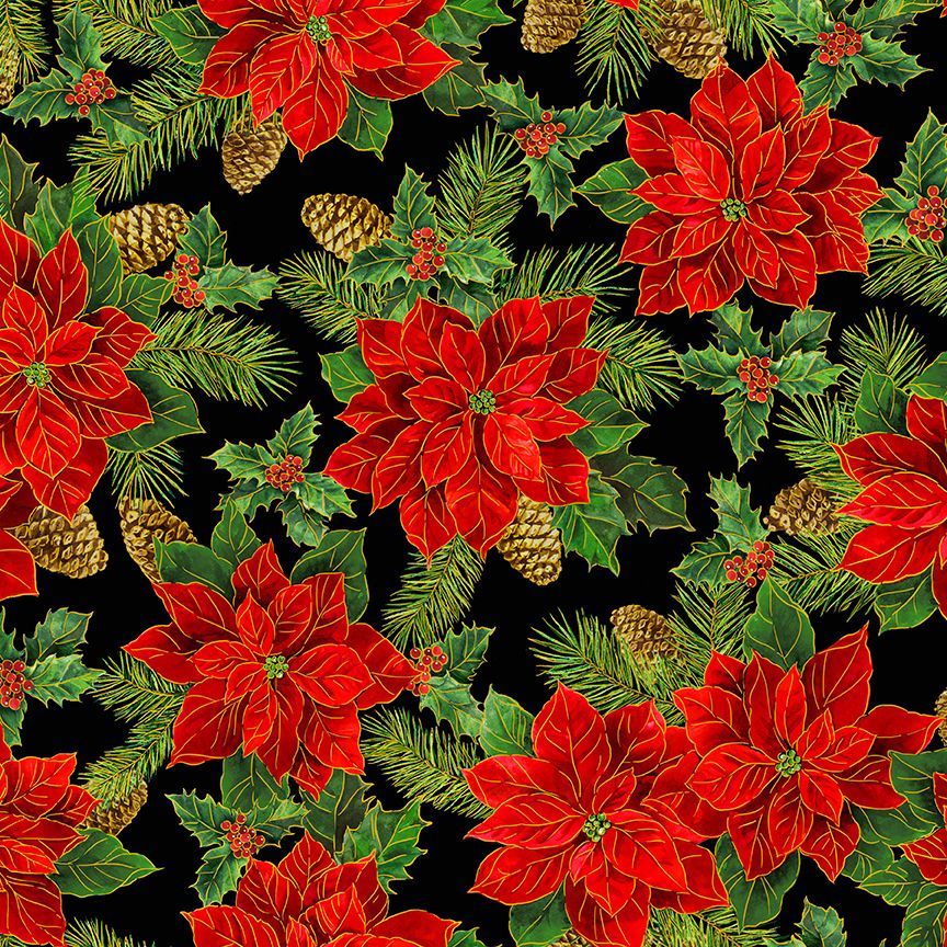 Deck the Halls Christmas Poinsettia Black Timeless Treasures Cotton Fabric