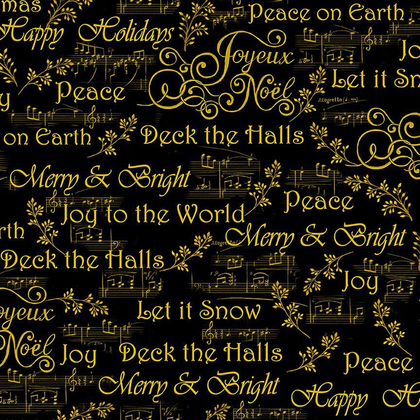 Deck the Halls Christmas Words and Music Notes Black Timeless Treasures Cotton Fabric