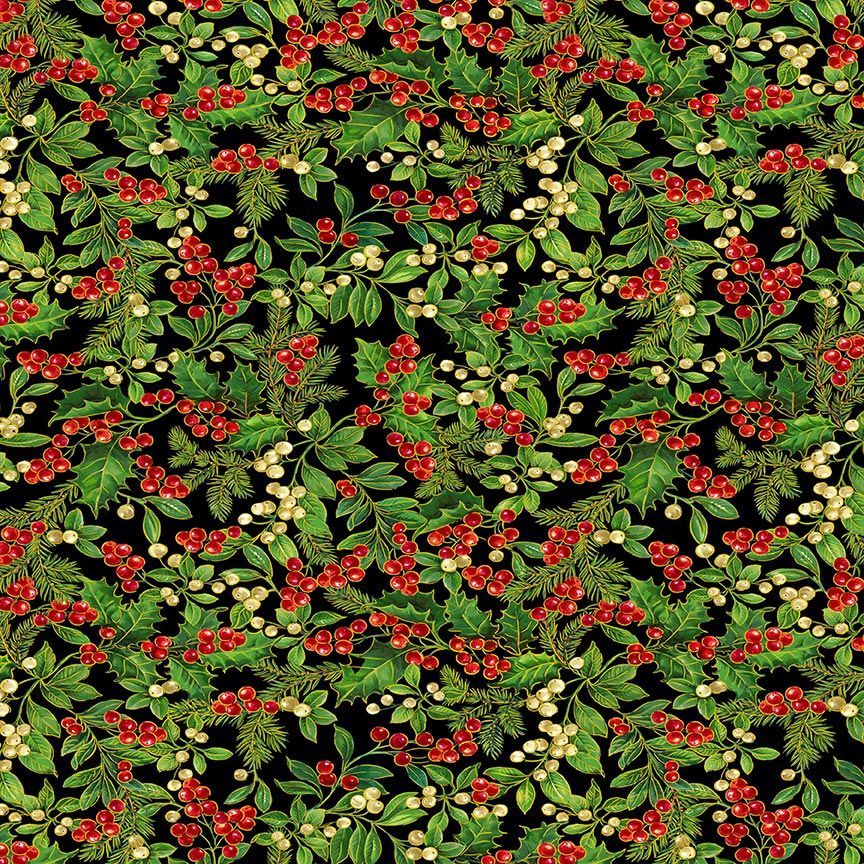 Deck the Halls Holly Leaves and Berries Black Timeless Treasures Cotton Fabric