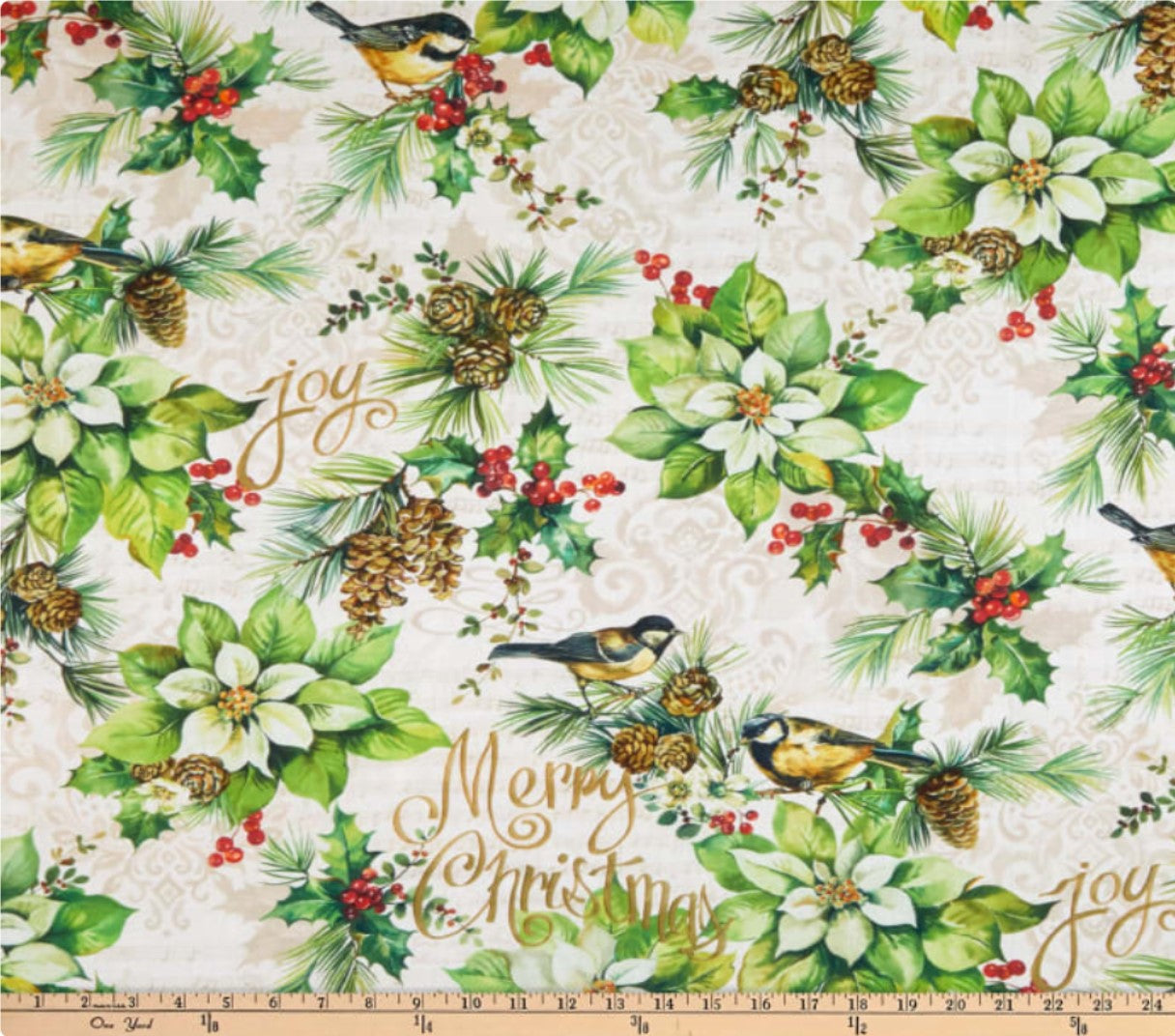 Deck the Halls Poinsettia Birds Cream Northcott Cotton Fabric