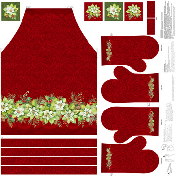 Deck the Halls Sew and Go Apron Oven Gloves Mitts Panel Red Northcott Cotton Fabric