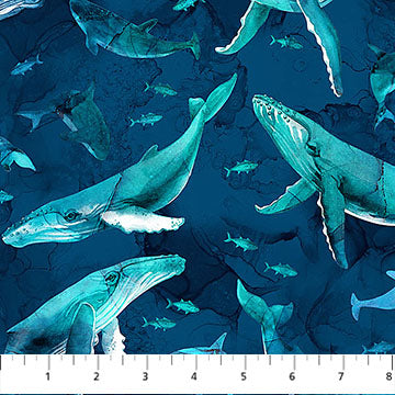 Deep Blue Whales Dark Blue Multi Deborah Edwards and Melanie Samra Northcott Cotton Fabric  NC-DP28122-48
