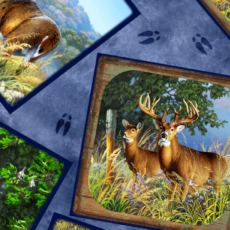 Deer Ridge Deer Patches Blue Larry Zach Quilting Treasures Cotton Fabric