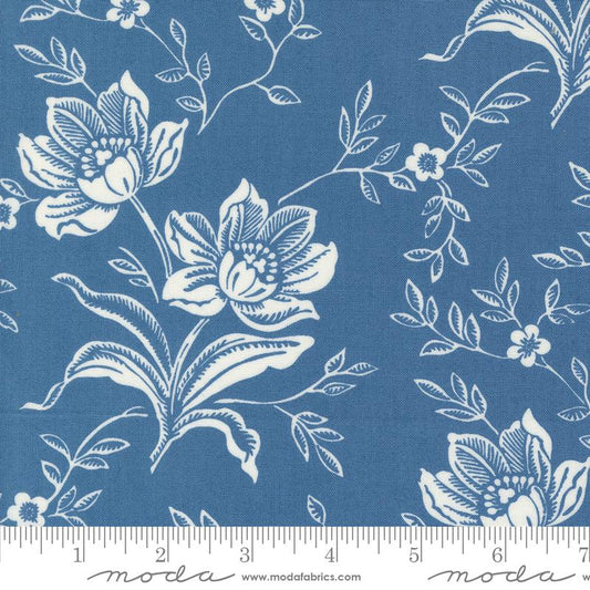 Denim & Daisies Woodcut Bloom Large Floral Denim Light Blue Fig Tree Co. Moda Cotton Fabric