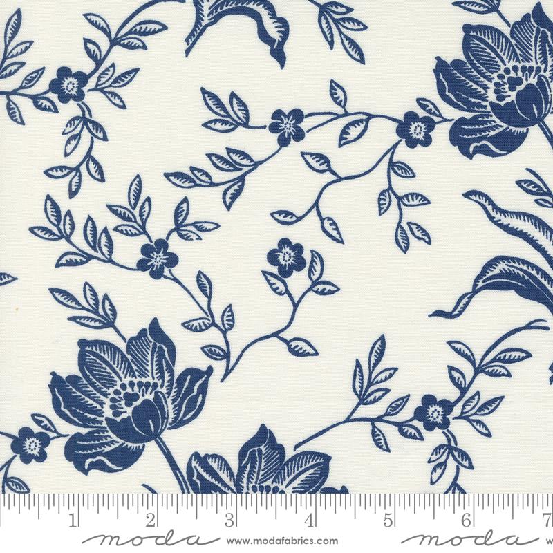 Denim & Daisies Woodcut Bloom Large Floral Ivory Midnight Jeans Natural Cream Blue Fig Tree Co. Moda Cotton Fabric