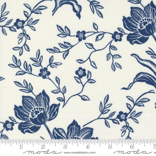 Denim & Daisies Woodcut Bloom Large Floral Ivory Midnight Jeans Natural Cream Blue Fig Tree Co. Moda Cotton Fabric