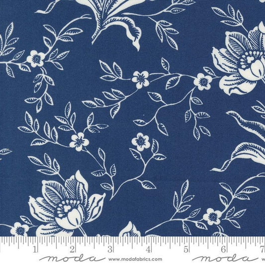 Denim & Daisies Woodcut Bloom Large Floral Midnight Jeans Dark Blue Fig Tree Co. Moda Cotton Fabric