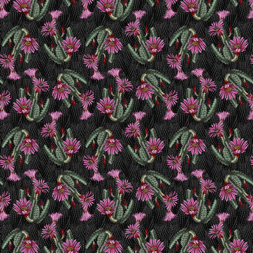 Desert Bloom Tossed Cacti Purple Flowers Black Allison Staffin Blank Quilting Cotton Fabric