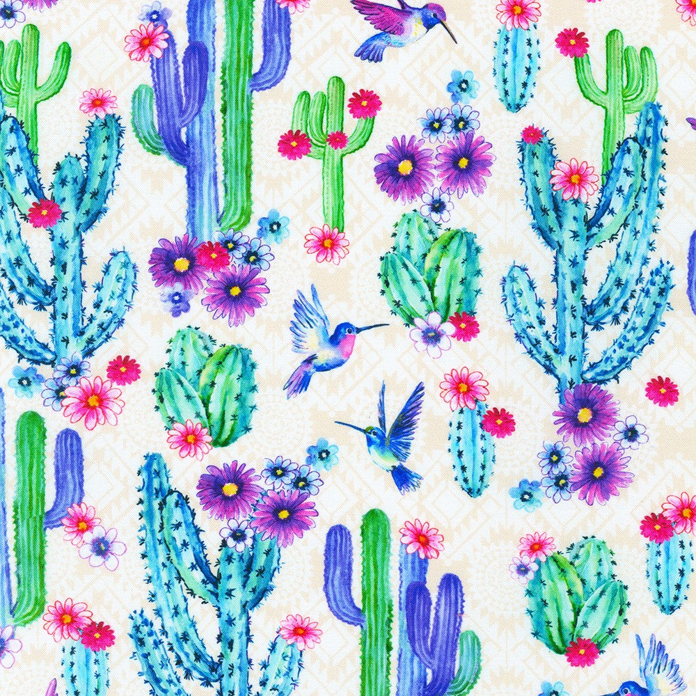 Desert Blooms Hummingbird and Cactus Stone Beige Elena Vladykina Robert Kaufman Cotton Fabric