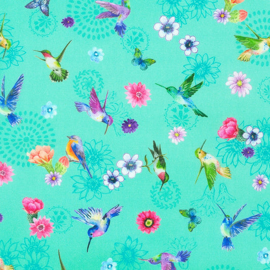 Desert Blooms Hummingbird and Flower Tossed Aqua Blue Elena Vladykina Robert Kaufman Cotton Fabric