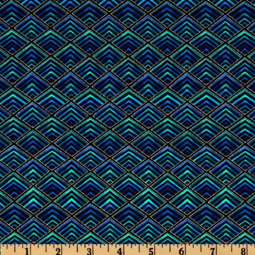 Diamonds Plume black and blue Metallic Chong-A-Hwang Timeless Treasures Cotton Fabric