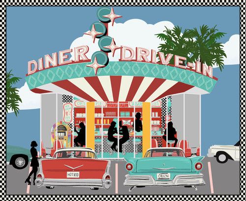 Diners & Drive-Ins 50's Drive-In Diners Panel 36" Jen Bucheli Blank Quilting Cotton Fabric