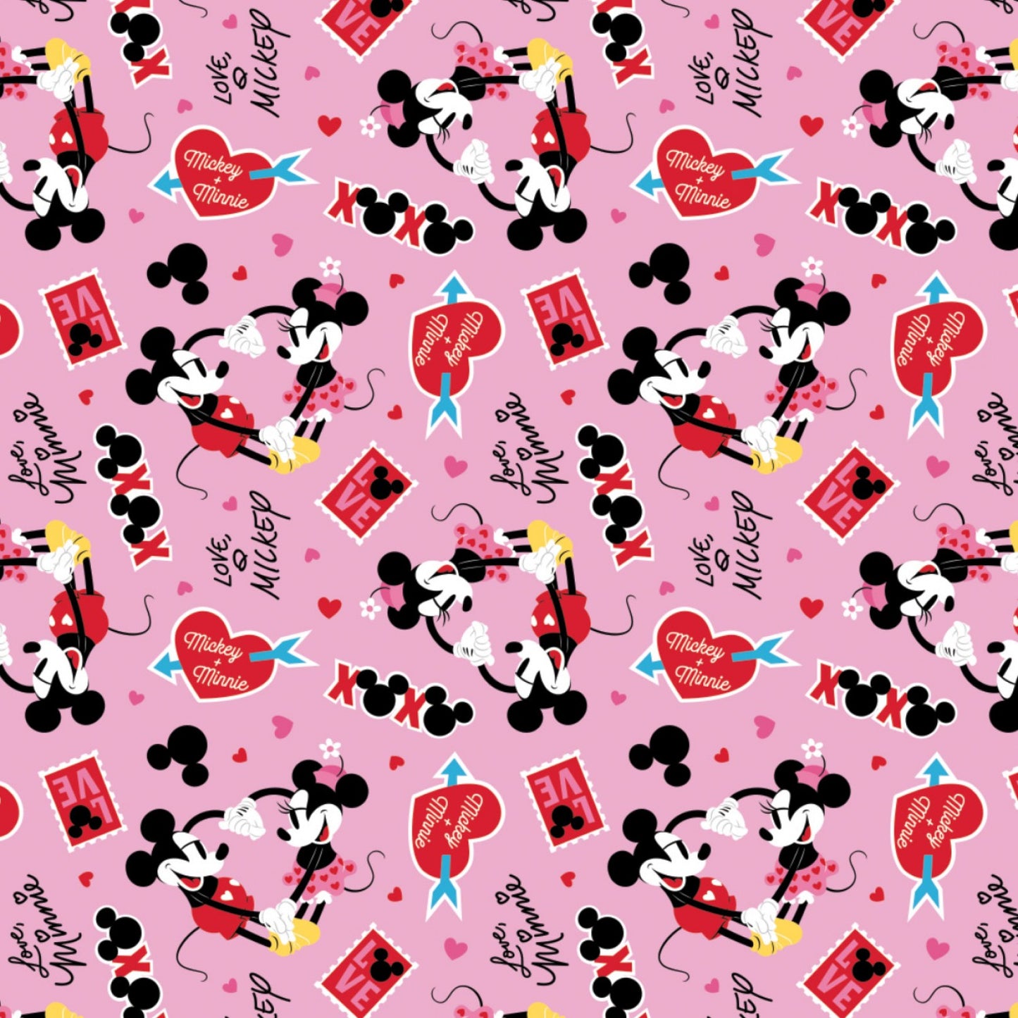 Disney Mickey Minnie Mouse Valentine's Day Xoxo Pink Camelot Fabrics Cotton Fabric