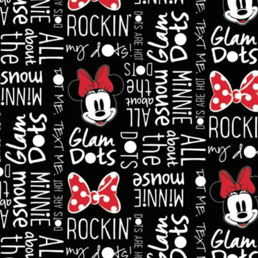 Disney Minnie Mouse Dreaming Dots Words Heads Black Camelot Fabrics Cotton Fabric