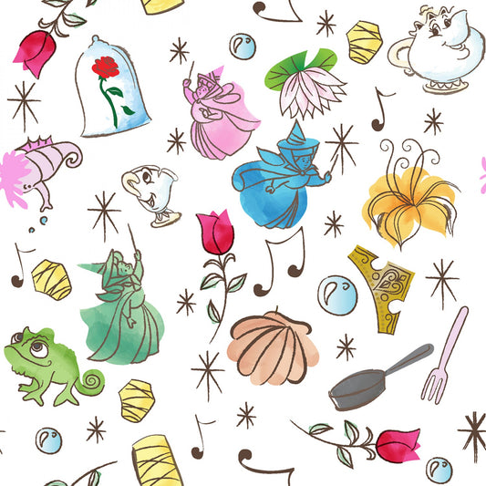 Disney Ultimate Princess Symbols Icons Tossed White Springs Creative Cotton Fabric