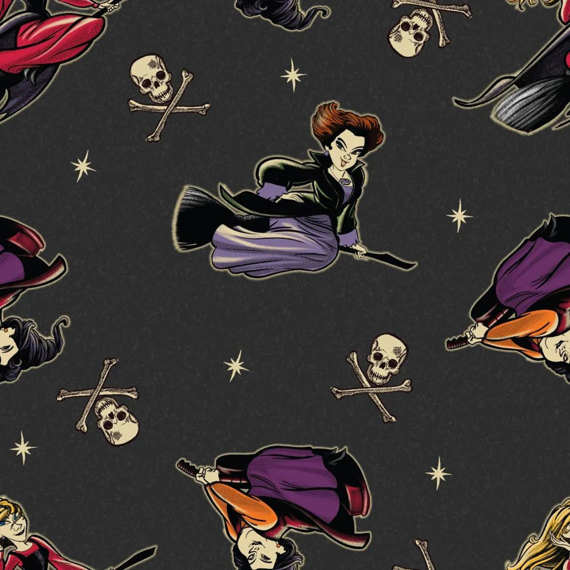 Disney Hocus Pocus Witches on Brooms Black Springs Creative Cotton Fabric