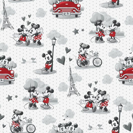 Disney Mickey Minnie Mouse Vintage Paris Eiffel Tower Bicycle White Springs Creative Cotton Fabric SC-65215