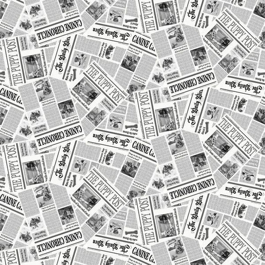 Diva Pups Newspaper White Black Robert Giordano Henry Glass Cotton Fabric HG-1746-01