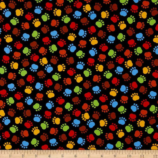Dog Rainbow Paw Prints Black Timeless Treasures Cotton Fabric