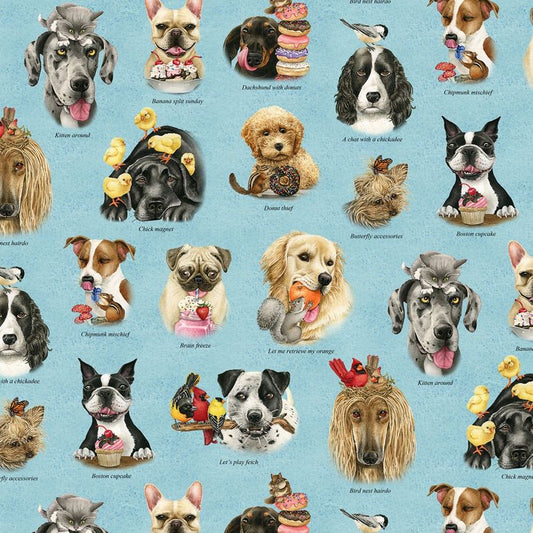 Doggie Drama Breeds Blue Tracy Lizotte Elizabeth's Studio Cotton Fabric