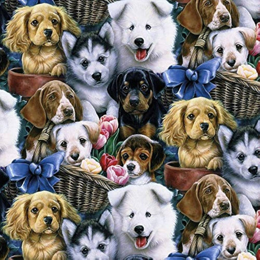 Dogs Valentine's Puppies Multi David Textile Cotton Fabric DT-AL-2002-3C-1