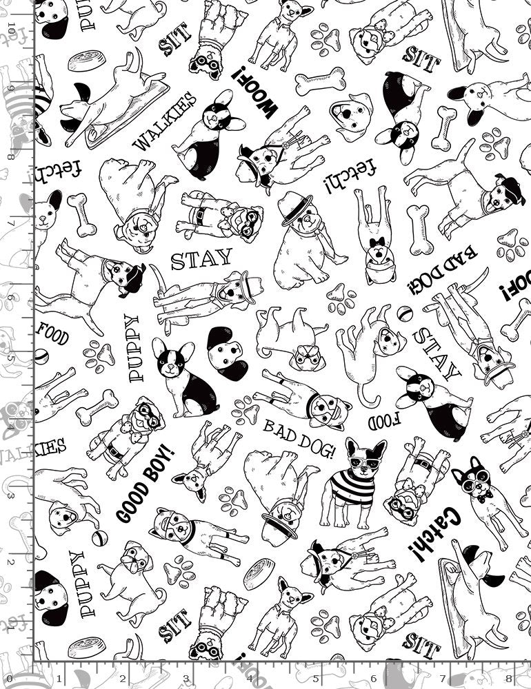 Dopper Dog Black and White Cartoon Dogs White Timeless Treasures Cotton Fabric | US Fabric Shop