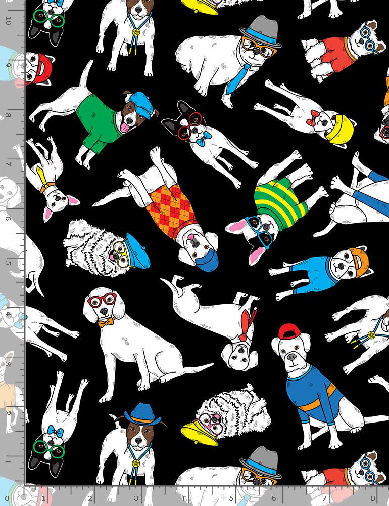 Dopper Dog Tossed Cartoon Dogs Black Timeless Treasures Cotton Fabric