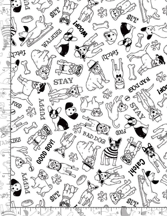 Dog Black and White Cartoon Dogs Dapper Dogs Timeless Treasures Cotton Fabric