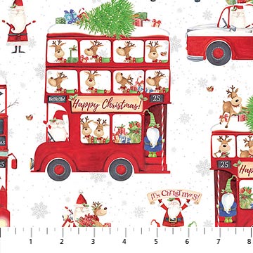 Double Deck Christmas Bus Allover on White Northcott Cotton Fabric