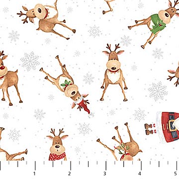 Double Deck Christmas Reindeer Allover on White Northcott Cotton Fabric