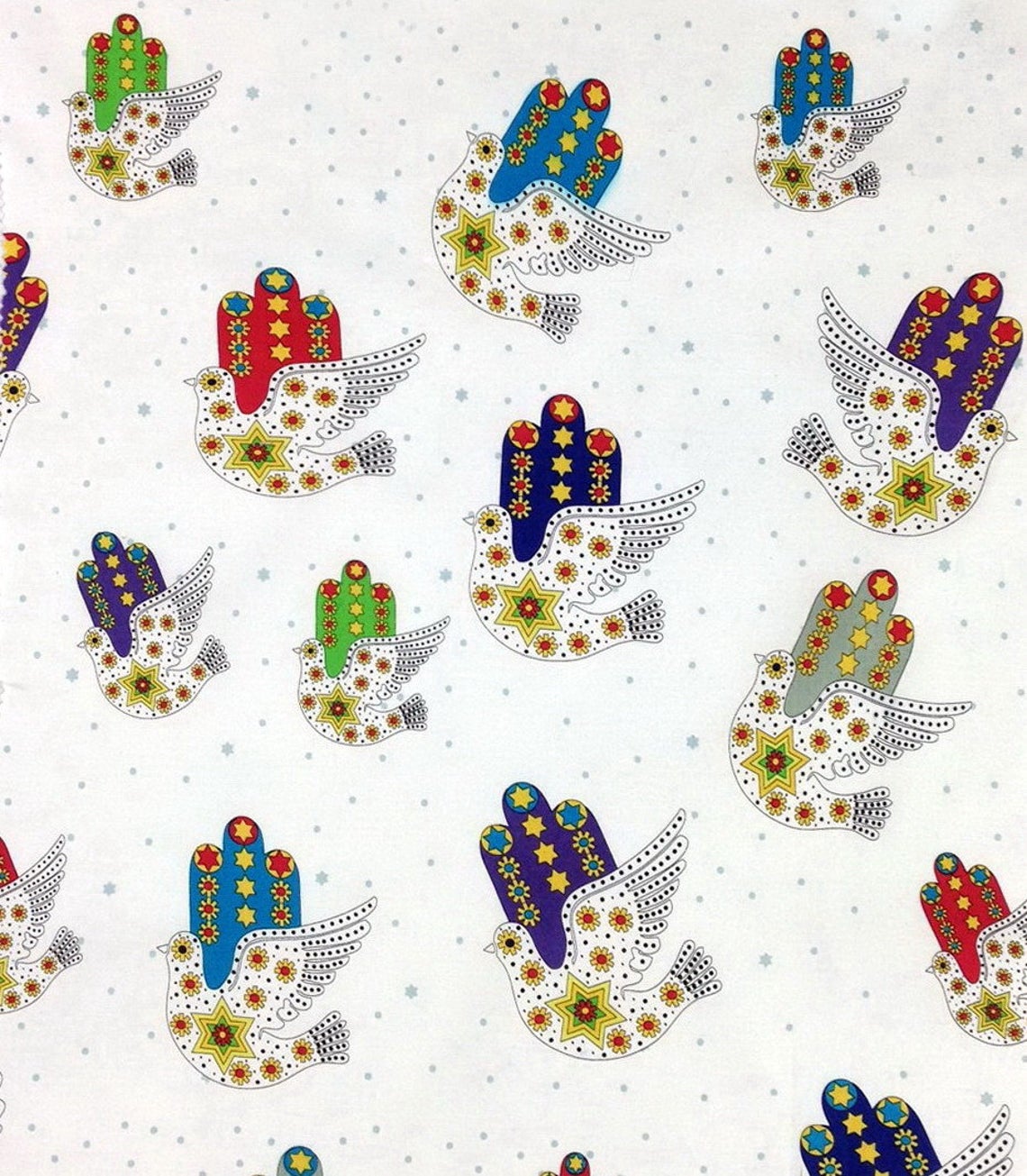 Hamsa Dove of Peace White Fay Nicoll Judaica Cotton Fabric