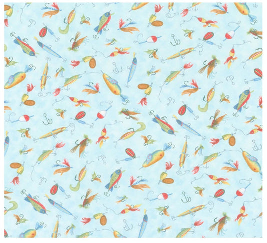 Down by the Lake Fishing Lures Light Blue Susan Winget Wilmington Prints Cotton Fabric