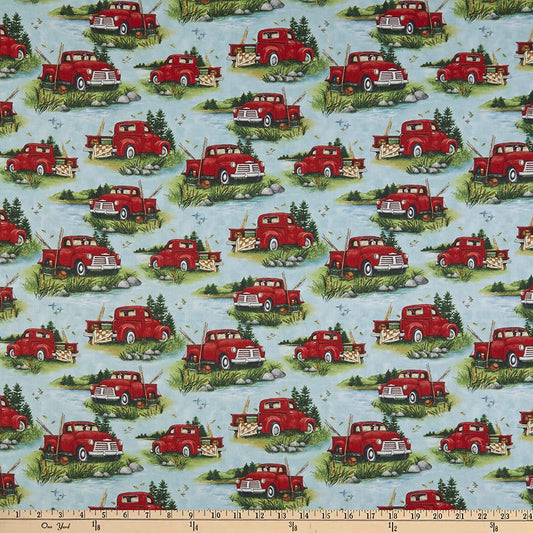 Down by the Lake Truck Scenic Blue Susan Winget Wilmington Prints Cotton Fabric