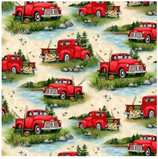 Down by the Lake Truck Scenic Tan Susan Winget Wilmington Prints Cotton Fabric