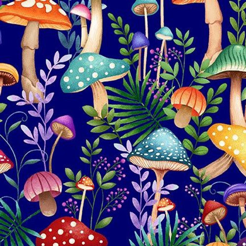 Down the Fairy Path Mushrooms Royal Multi Color Principle Henry Glass Cotton Fabric HG-3430-77